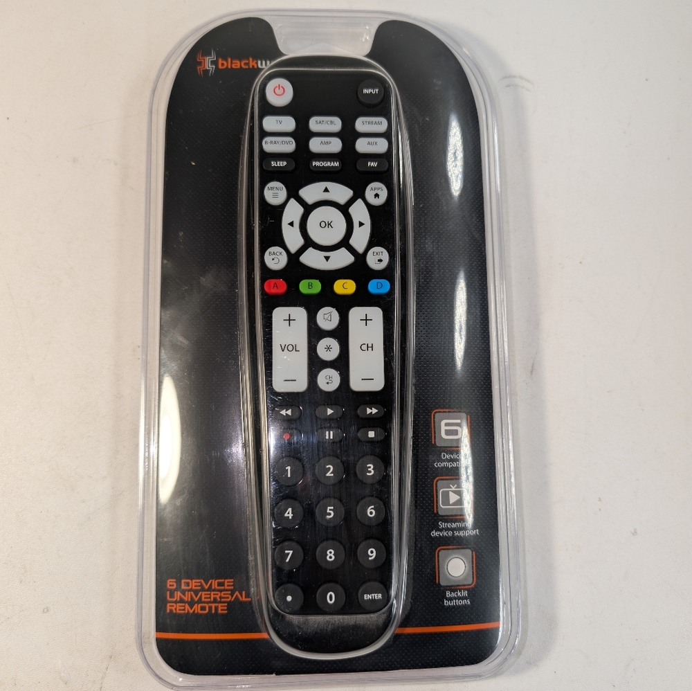 Universal Remote w/Backlit Buttons, SEALED       Blackweb 6 Device Remote. NEW.